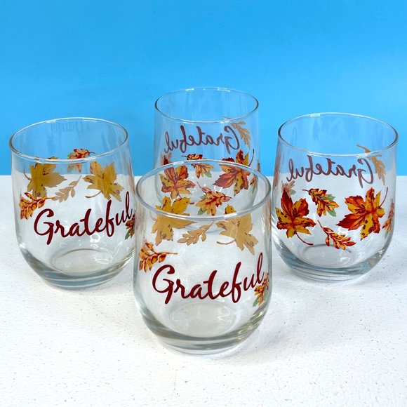 Set of 4 Royal Norfolk Autumn Fall Leaves GRATEFUL Stemless Wine Juice Glasses‎ - Picture 1 of 5